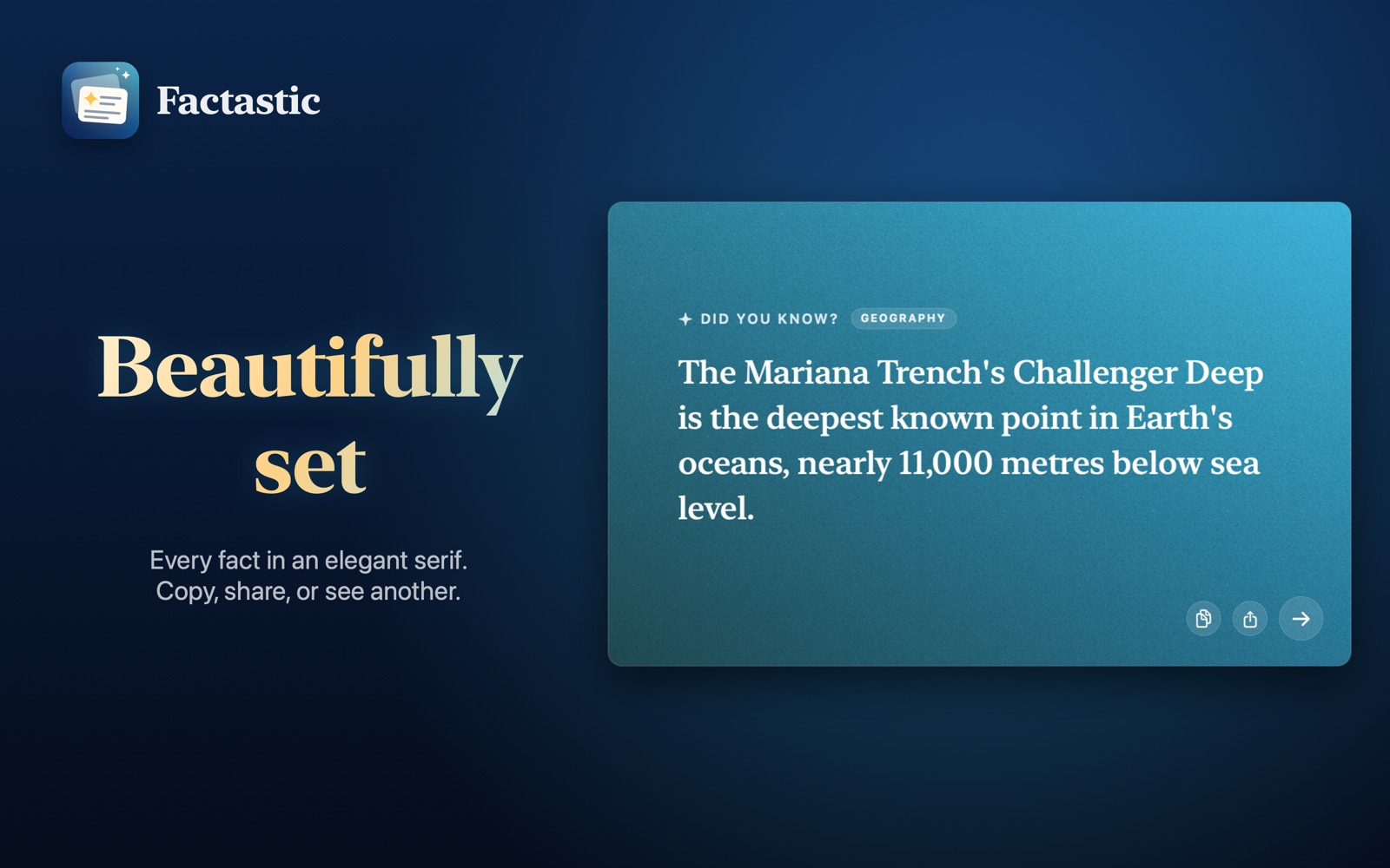 A fact in an elegant serif on a rich gradient, with copy and share