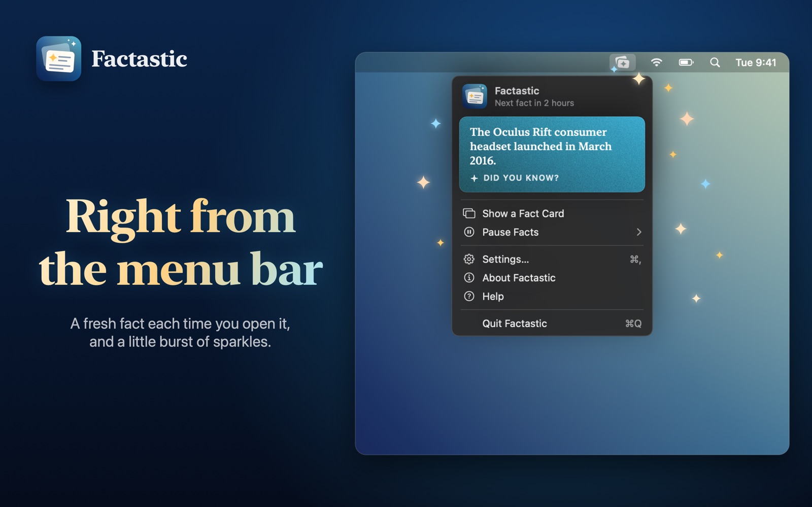 The menu bar menu with a fresh fact and sparkles